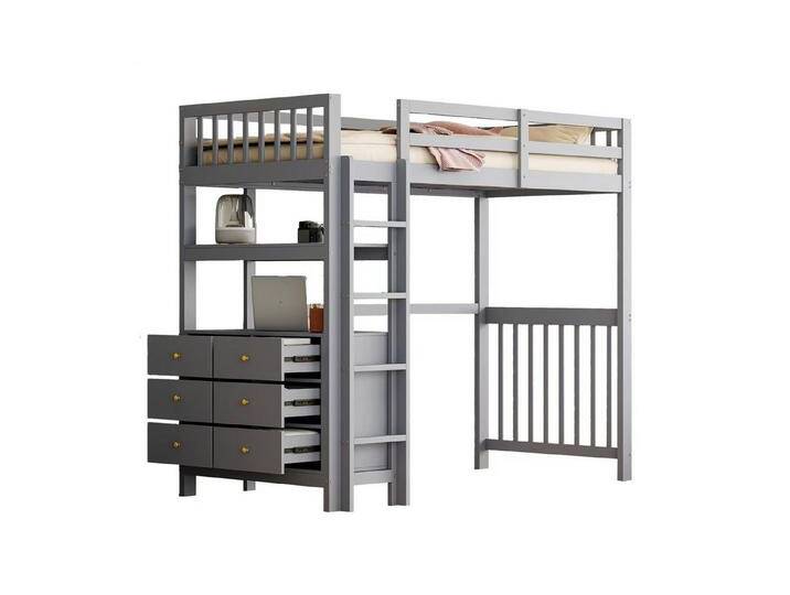 SOFTWEARY Hochbett mit Schreibtisch, Stauraum und Lattenrost (90x200 cm) Kinderbett mit Rausfallschutz, Kiefer, grau, grau von OTTO