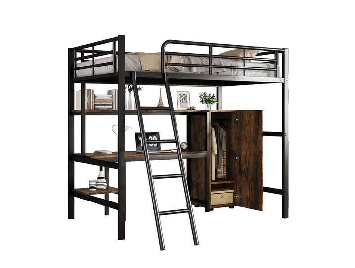 SOFTWEARY Hochbett mit Schreibtisch und Kleiderschrank (90x200 cm) Metallbett mit Rausfallschutz, Jugendbett von OTTO