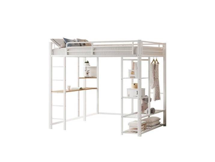 SOFTWEARY Hochbett mit Schreibtisch und Regal (90x200 cm) Metallbett mit Lattenrost und Rausfallschutz, weiß, weiß von OTTO
