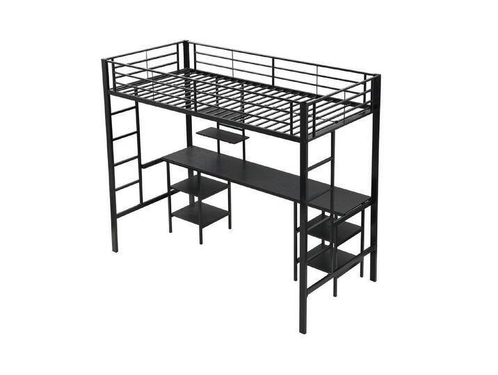 SOFTWEARY Hochbett mit Schreibtisch und Regal (90x200 cm) Metallbett mit Rausfallschutz, Jugendbett, schwarz von OTTO