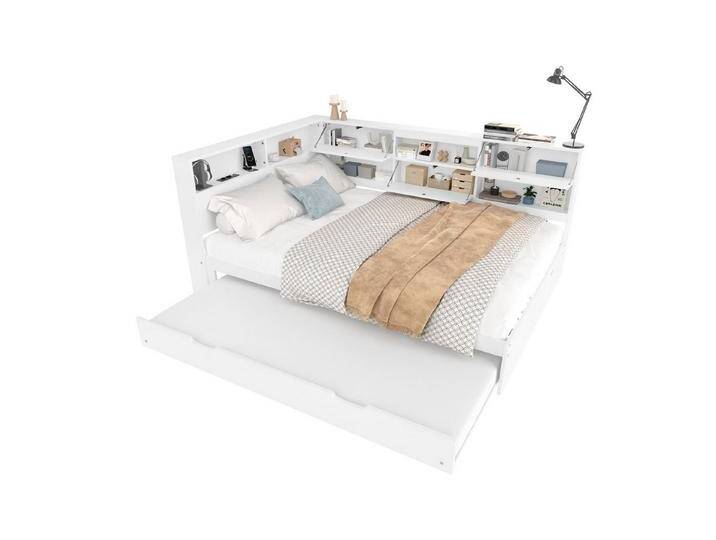 SOFTWEARY Holzbett mit Regal und Gästebett (Doppelbett mit Lattenrost und Mehrfachsteckdose), 140x200 cm, Jugendbett, Kiefer, weiß von OTTO