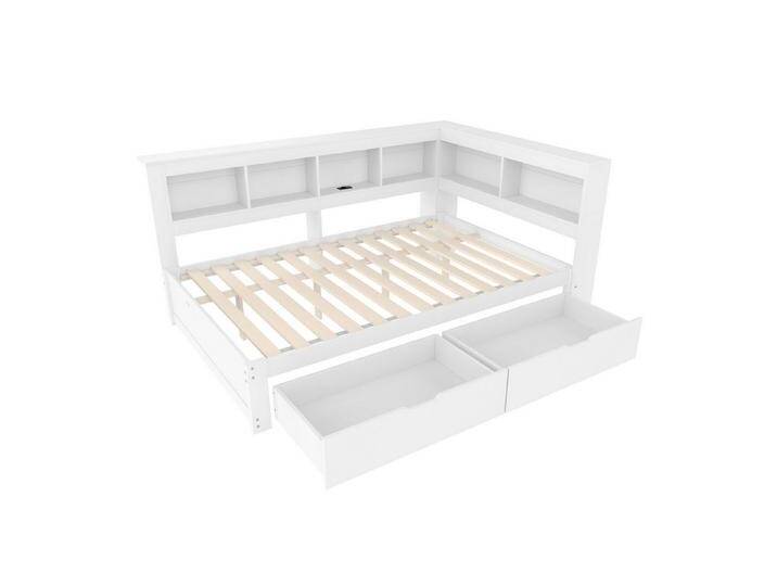SOFTWEARY Jugendbett mit Lattenrost und Regal (Schubladen, USB Anschlüssen und Steckdosen, 140x200 cm), Doppelbett, Holzbett, Stauraumbett, weiß von OTTO