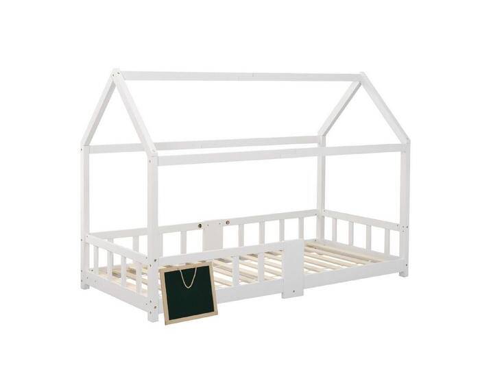 SOFTWEARY Kinderbett Hausbett mit Lattenrost (90x200 cm), Einzelbett mit Rausfallschutz, Kiefer, weiß mit Tafel von OTTO