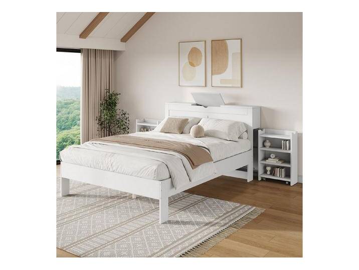 STILVORA Bettgestell Kinderbett 140×200 mit stauraum,Jugendbett mit 2 Nachttischen (Doppelbett, Massivholzbett, 140*200, ohne Matratze), mit 2 ausziehbaren Nachttischen, Stauraum am Kopfende von OTTO