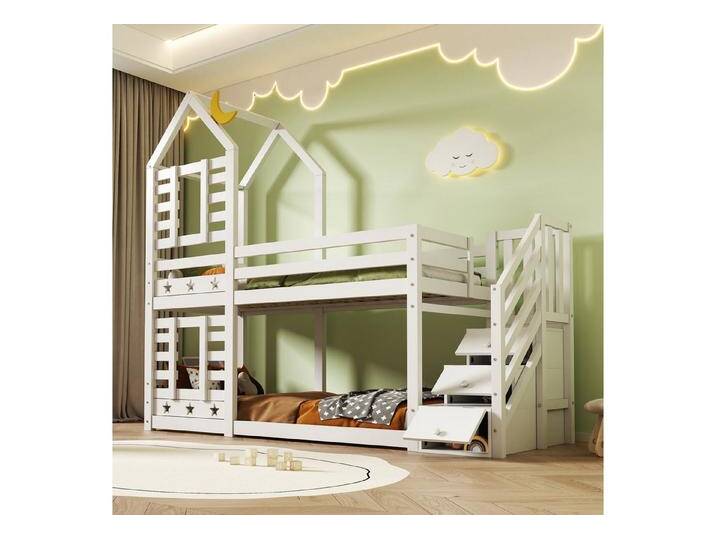 STILVORA Etagenbett 90×200 mit Schubladen,Kinderbett Holzbett mit Stauraumtreppe&Geländer (Hausbett mit Stauraum unter der Treppe 90x200cm), weiß von OTTO