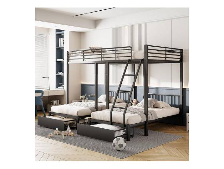 STILVORA Etagenbett Doppelbett 140x200 mit zwei 90x200 Jugendbett Einzelbett mit Stauraum (umwandelbar in 140 x 200 Doppelbett und zwei 90 x 200 Einzelbetten, multifunktionales Metallrahmenbett), mit Matratze, schwarz von OTTO