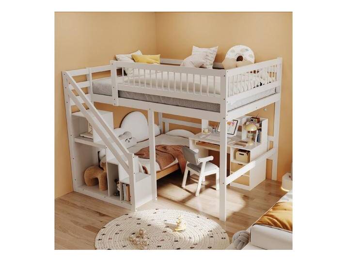STILVORA Hochbett 140×200 Jugendbett mit Matratze,Kinderbett mit Stauraum und Treppe (Jugendbett, Einzelbett, Massivholzrahmen, 140 x 200 cm) mit Matratze, weiß von OTTO