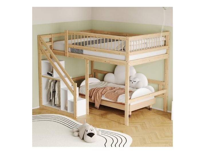 STILVORA Hochbett 140×200 Jugendbett mit Matratze,Kinderbett mit Stauraum und Treppe (Massivholzbett,mit Stufen-Stauschrank hohem Geländer, 140x200 cm) mit Matratze von OTTO