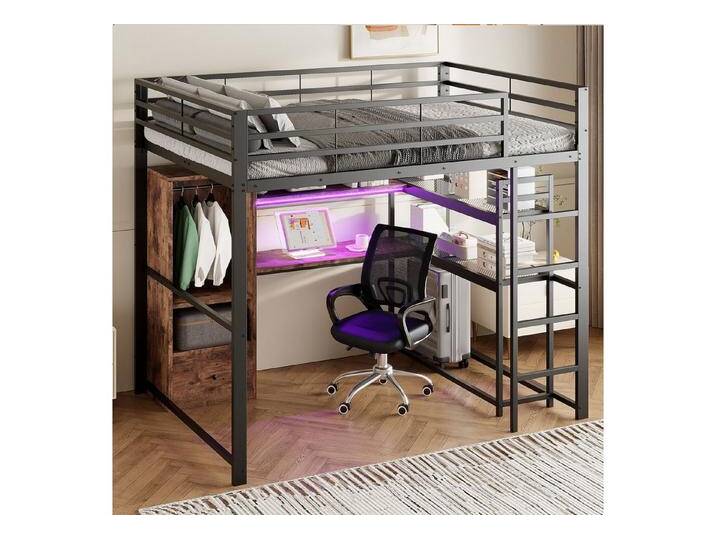 STILVORA Hochbett 140x200 mit Schreibtisch,Jugendbett Regale,Eisenbett mit Treppe&LED (mit Schreibtisch, LED-Beleuchtung und Stauraum, Metallrahmen, 140 x 200 cm, Mit Regalen und Geländern) ohne Matratze von OTTO