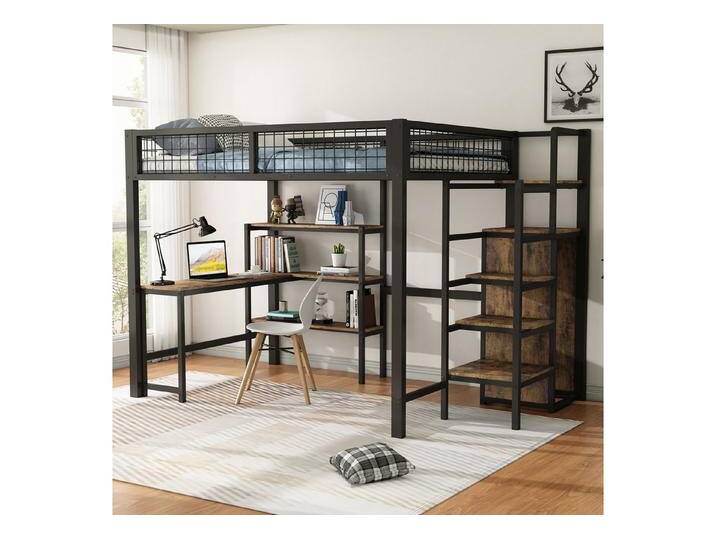 STILVORA Hochbett 140×200 mit Schreibtisch,Jugendbett mit Kleidungschrank,ohne matratze (aus Metall mit Einbauschrank und Schreibtisch – platzsparende Lösung für Jugend- und Arbeitszimmer, 140x200cm) ohne Matratze von OTTO