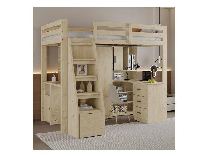 STILVORA Hochbett 90×200 Jugendbett mit Matratze,Bettgestell mit Regalen und Stauraum (Funktionsbett, mit Arbeitstisch, Regalen & Stauraumtreppe von OTTO