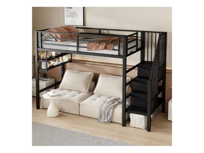 STILVORA Hochbett Jugendbett 90×200 mit Regalen&Leiter,Einzelbett Eisenbett mit Geländer (Hochbett 90x200cm mit Stauraumleiter & Einlegeböden – Robuster Eisenrahmen, Kinderfreundliches Geländer, Freiraum zum Verkleiden) ohne Matratze, schwarz von OTTO