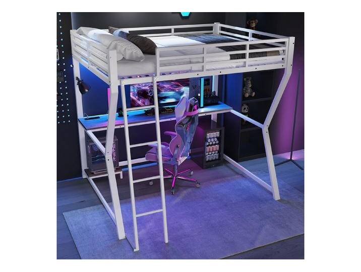 STILVORA Hochbett mit Schreibtisch,140×200 Jugendbett Bettgestell mit Matratze&Steckdose (mit USB-Steckdose, Treppe & Computerkonsolenablage, 140x200 cm) ohne Matratze, weiß, Stil 2 von OTTO