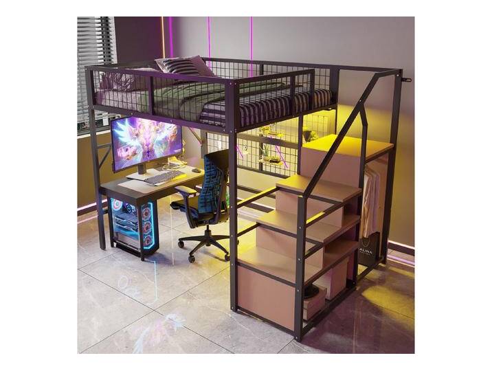 STILVORA Kinderbett 140×200 Jugendbett Eisenbett mit LED,Stauraumtreppe und Kleiderschrank (mit App-gesteuerten LED-Leuchten, Stauraum-Treppe und offenem Kleiderschrank, 140x200 cm), ohne Matratze, schwarz von OTTO