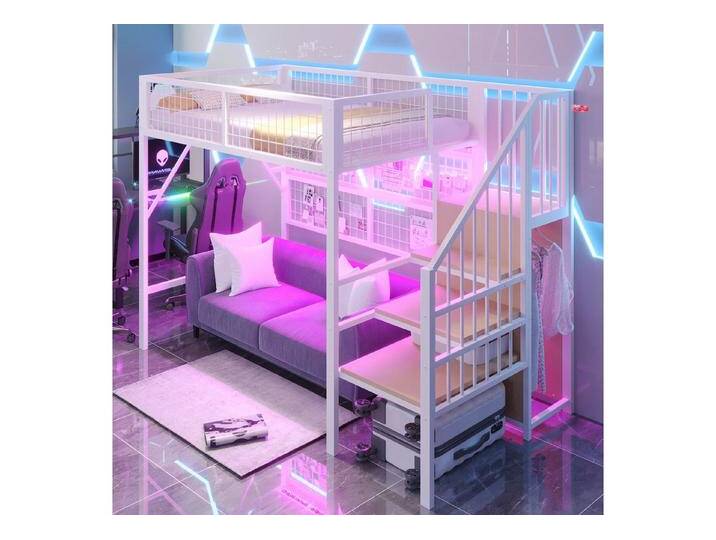 STILVORA Kinderbett 90×200 Jugendbett Eisenbett mit LED,Stauraumtreppe und Kleiderschrank (mit App-gesteuerten LED-Leuchten, Stauraum-Treppe und offenem Kleiderschrank, 90x200 cm), ohne Matratze, weiß von OTTO