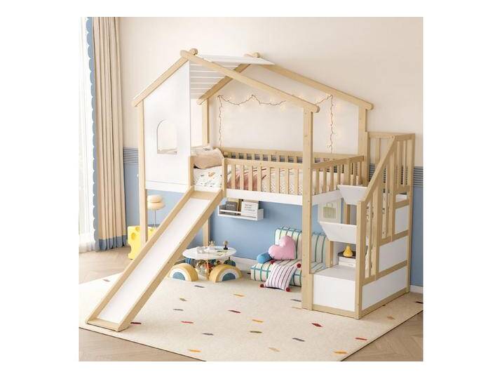 STILVORA Kinderbett 90×200 mit Bettgitter,Jugendbett mit Stauraumleiter,Fenster&Rutsche (mit Rutsche, Stauraumleiter & Fenster, Sicheres Schlafumfeld, Märchenhafte Atmosphäre, 90x200 cm), ohne Matratze von OTTO