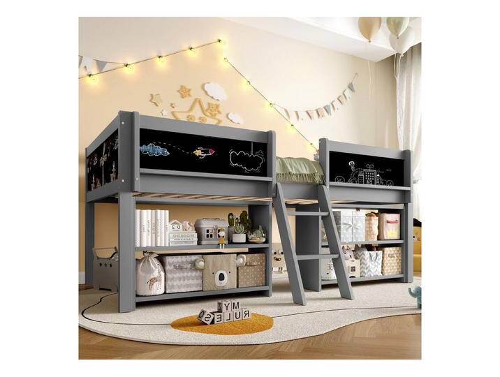 STILVORA Kinderbett 90×200 mit Tafel,Kinderbett Holzbett mit Stauraum und Geländer (Hochwertiges halbhohes Bett, aus Kiefernholz mit mehreren Staufächern, Sicherheitsgeländer und stabiler Leiter, 90x200 cm), ohne Matratze, grau von OTTO