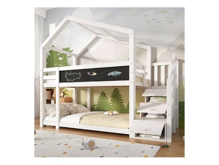 STILVORA Kinderbett 90×200 mit Tafel,Kinderbett Holzbett mit Stauraumtreppe&Schornstein (Hausbett für Mädchen und Jungen, 1-tlg., Sicheres und durchdachtes Design Stabile Kiefernstruktur), mit Treppe & Schubladen, bodentief, massivholz von OTTO