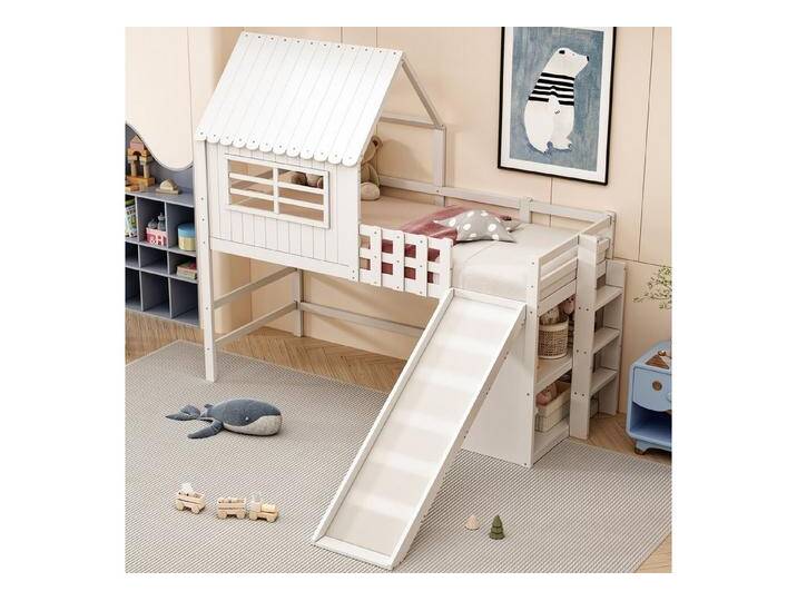 STILVORA Kinderbett mit Rutsche,90×200 Hochbett Bettgestell mit Ablagefach&Dachbodendesign (Dachhaus-Stil mit Rutsche & Leiter, Stauraum & Spielzone, Massivholz Einzelbett, 90x200 cm), ohne Matratze von OTTO
