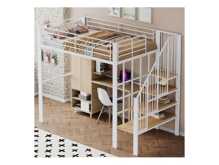STILVORA Kinderbett mit Stauraum,140×200 Jugendbett Bettgestell mit Lattenrost&Matratze (mit stabiler Metallkonstruktion, geräumigem Stauraum & integrierter Treppe, 140x200 cm), ohne Matratze, weiß von OTTO