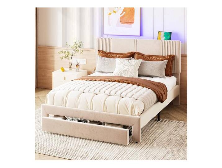 STILVORA Polsterbett 140x200 Bettgestell mit USB&LED&Stauraum,Jugendbett ohne Matratze (geeignet für Erwachsene und Jugendliche 140 x 200 cm, Doppelbett, hautfreundliches Doppelbett in Samtstoff), ohne Matratze, beige STILVORA Polsterbett 140x200 Bettgestell mit USB&LED&Stauraum,Jugendbett ohne Matratze (geeignet für Erwachsene und Jugendliche 140 x 200 cm, Doppelbett, hautfreundliches Doppelbett in Samtstoff), ohne Matratze, beige von OTTO