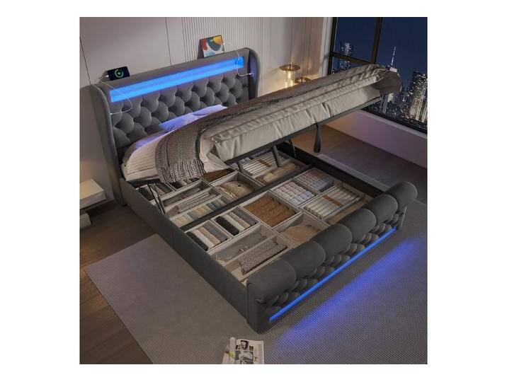 STILVORA Polsterbett 140x200 Doppelbett mit LED,Stauraumkopfteil,USB&TYPE-C,Ohne Matratze (Funktionsbett, 1-tlg., 140x200cm, ohne Matratze), mit USB- und Typ-C-Anschlüssen, LED-Leuchten, grau, 1 tlg. von OTTO