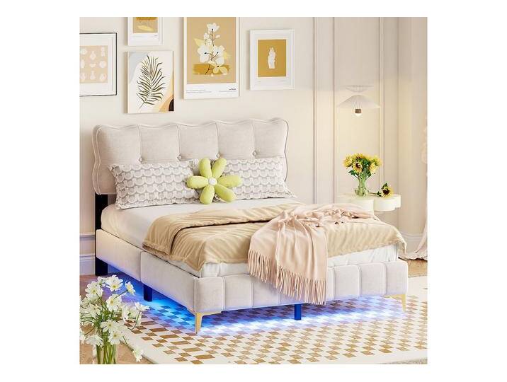 STILVORA Polsterbett 140x200 Kinderbett mit LED & Lattenrost,Jugendbett ohne Matratze (140 x 200 cm, Doppelbett, hohe Metallfüße), ohne Matratze, beige von OTTO