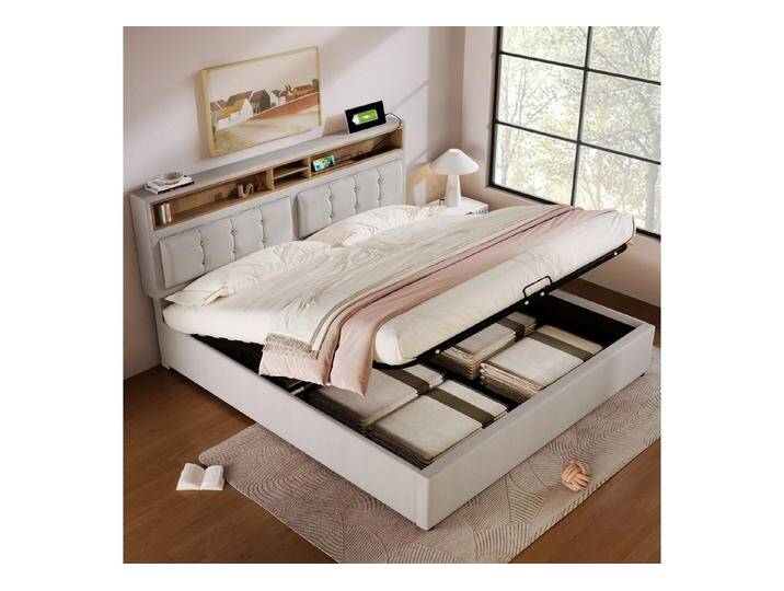 STILVORA Polsterbett 160x200 Bett Jugendbett mit Stauraum,Bettgestell mit USB C Steckdose (Hydraulisches Doppelbett mit USB/Typ-C Ladefunktion), 160 x 200 Ohne Matratze, beige von OTTO