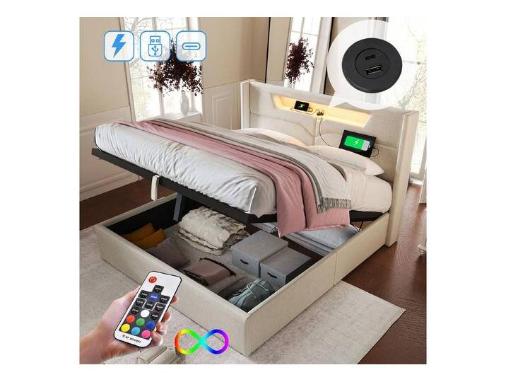 STILVORA Polsterbett 160x200 Doppelbett mit USB Typ C & LED,Jugendbett mit Stauraum, 160 x 200 cm,ohne-Matratze, beige, Linen, ohne Matratze, Beige von OTTO