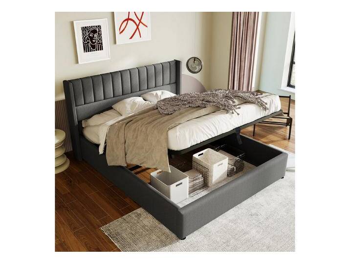 STILVORA Polsterbett 160x200 Hydraulisch Doppelbett mit Stauraum&Lattenrost aus Metallrahme (160x200cm Grau Leinen ohne Matratze), Bett mit Lattenrost aus Metallrahmen, Lattenrost aus Holz, grau von OTTO