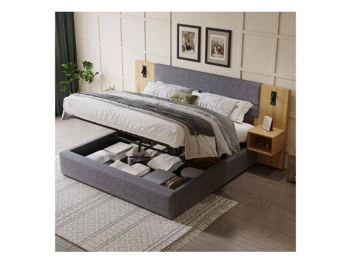 STILVORA Polsterbett 160x200 mit Bettkasten,Jugendbett Bettgestell mit Nachttischen&USB (Struraumbett, Doppelbett,Funktionsbett, 1-tlg., 160 x 200 cm, ohne Matratze), mit USB-Ladeanschlüssen, Holzmaserung, Lesebeleuchtung von OTTO