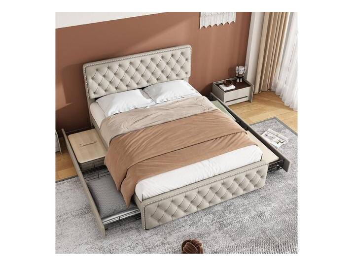STILVORA Polsterbett 180×200 Doppelbett mit verstellbares Kopfteil,Bettgestell mit Stauraum (Stahlrahmen mit Bettstauraum 4 Schubladen und Holz-Lattenrost, Leinen Bezug Funktionsbett mIt Staufächer 180x200 cm, mit Matratze), mit weich höhenverstellbar Kopfteil Schaum-Polsterung Große Knopfnähte, beige von OTTO