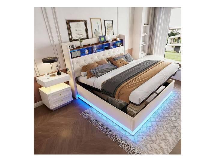 STILVORA Polsterbett 180x200 mit Bettkasten & LED-Nachttisch Doppelbett Jugendbett mit USB (Luxuriöses LED-Polsterbett,mit USB-Ladeanschluss und hydraulischem Stauraum., 180 x 200 cm), ohne Matratze, beige von OTTO