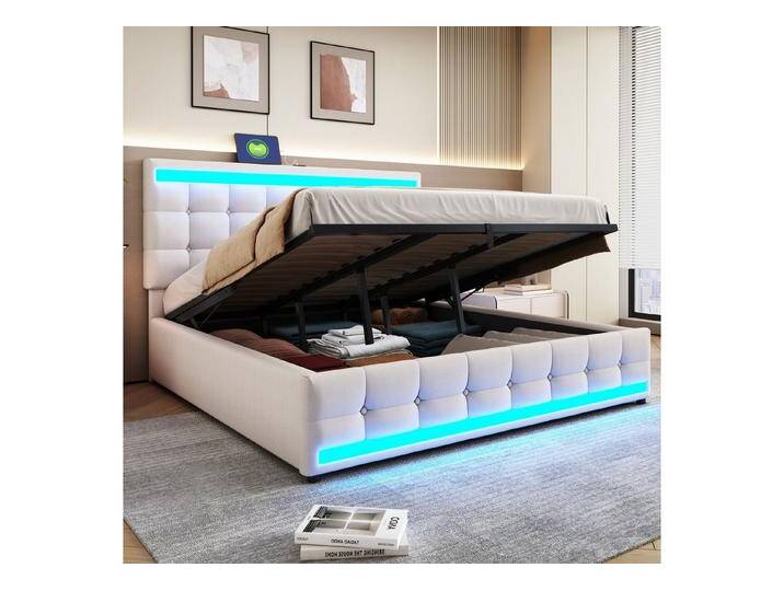 STILVORA Polsterbett 180×200 mit matratze&Stauraum,Kinderbett mit Lattenrost,Funktionbett (mit hydraulischem Stauraum, RGB-LED-Licht und USB-Anschlüssen, mit verstellbarem Kopfteil 180x200 cm), mit Matratze, beige von OTTO