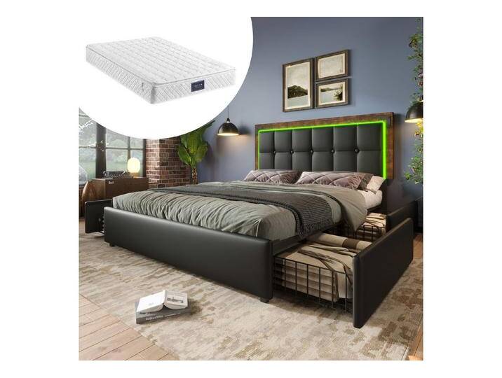 STILVORA Polsterbett Bettgestell 140x200 bett mit LED,Jugendbett verstellbarem Kopfteil (Ohne Matratze), schubladen, grau, mit Matratze von OTTO