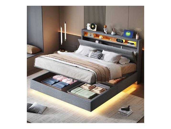 STILVORA Polsterbett Doppelbett 140x200cm Jugendbett Bettgestell mit USB-Steckdose & LED (Multifunktionales Polsterbett,mit USB-Steckdose & LED-Beleuchtung, Hydraulischer Stauraum., 140x200 cm), Ohne Matratze von OTTO