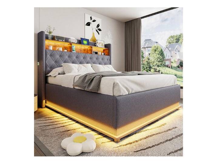 STILVORA Polsterbett Doppelbett 160x200 Jugendbett mit hydraulischem Stauraum und USB (Luxuriöses LED-Polsterbett,mit USB-Ladeanschluss und hydraulischem Stauraum., 160 x 200 cm), ohne Matratze, grau von OTTO