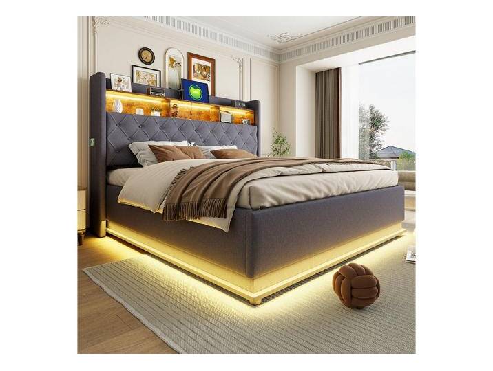STILVORA Polsterbett Doppelbett 160x200 Jugendbett mit hydraulischem Stauraum und USB (Luxuriöses LED-Polsterbett,mit USB-Ladeanschluss und hydraulischem Stauraum., 180 x 200 cm), mit Matratze, grau von OTTO