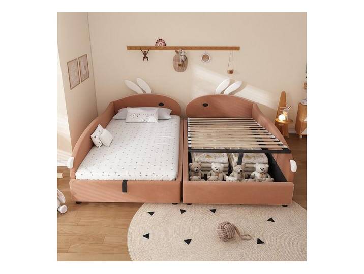 STILVORA Schlafsofa 90×200 mit Zaun,2er-Set Kinderbett Bettgestell mit Bettkasten&Matratze, mit Häschen-Kopfteil, Hydraulischem Stauraum & weichem Schutzzaun 90x200/180x200 cm von OTTO