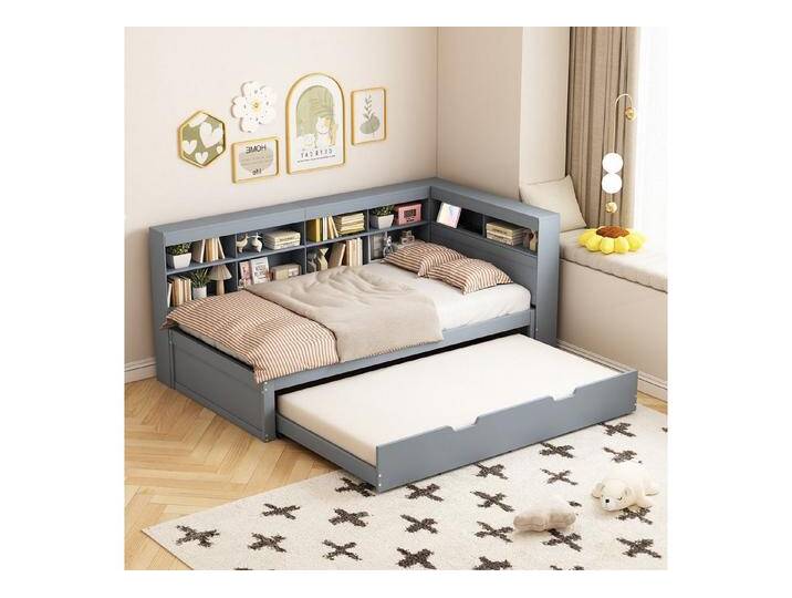 STILVORA Schlafsofa Daybett 90×200cm Jugendbett mit USB-Steckdose & Ablagefach&Ausziehbett, mit Ausziehbett 90x190 cm, USB-Steckdose und Stauraum, ohne Matratze, grau, Ohne LED-Licht von OTTO