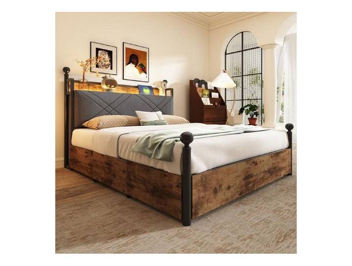 STILVORA Stauraumbett 140x190 mit Schublade&Baldachin,Eisenbett Bettgestell mit LED&USB (mit LED & USB/Typ-C, Stauraum, abnehmbarem Baldachin, Smart-Himmelbett 140x190 cm), ohne Matratze von OTTO