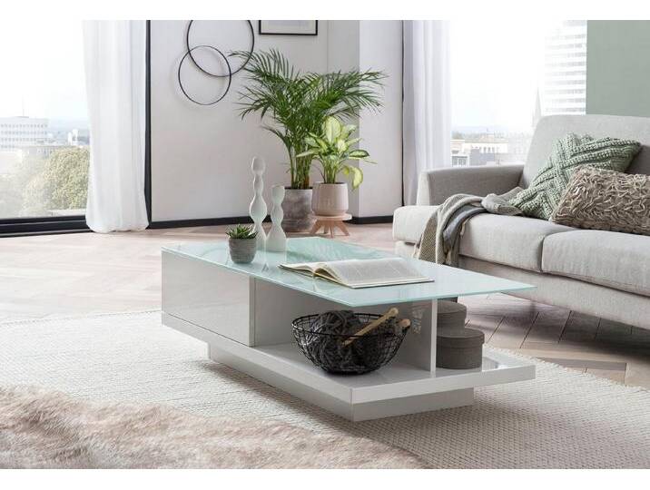 SalesFever Couchtisch im minimalistischen Stil, Elegante Tischplatte aus robustem Kristallglas, weiß, Weiß mit Hochglanzelementen, weiß von elegante