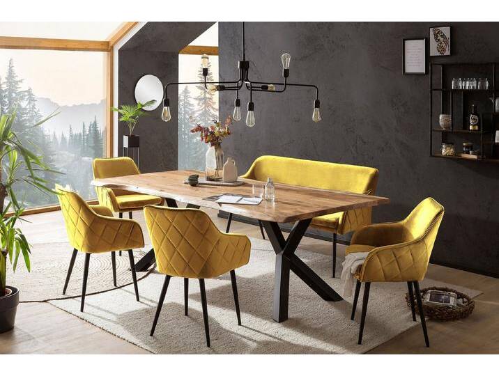 SalesFever Eckbankgruppe Eckbankgruppe im Landhausstil, (Set, 6-tlg), Rückenfläche mit aufwändiger Rautensteppung, gelb schwarz, 200x100 cm-Esszimmerstuhl und -bank senfgelb von OTTO