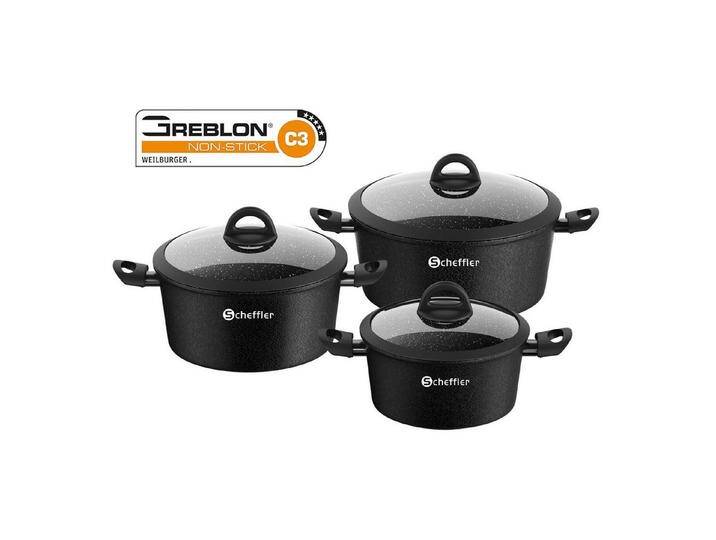 Scheffler Topf-Set Topf-Set Schwarze Antihaftbeschichtung Kochgeschirr Set mit Glasdeckel, Aluminium (Set, 3-tlg., Ø20 2,4L/Ø24 4,4L/Ø28 6,5L Töpfe Set mit Glasdeckel), Induktionsgeeignet von OTTO