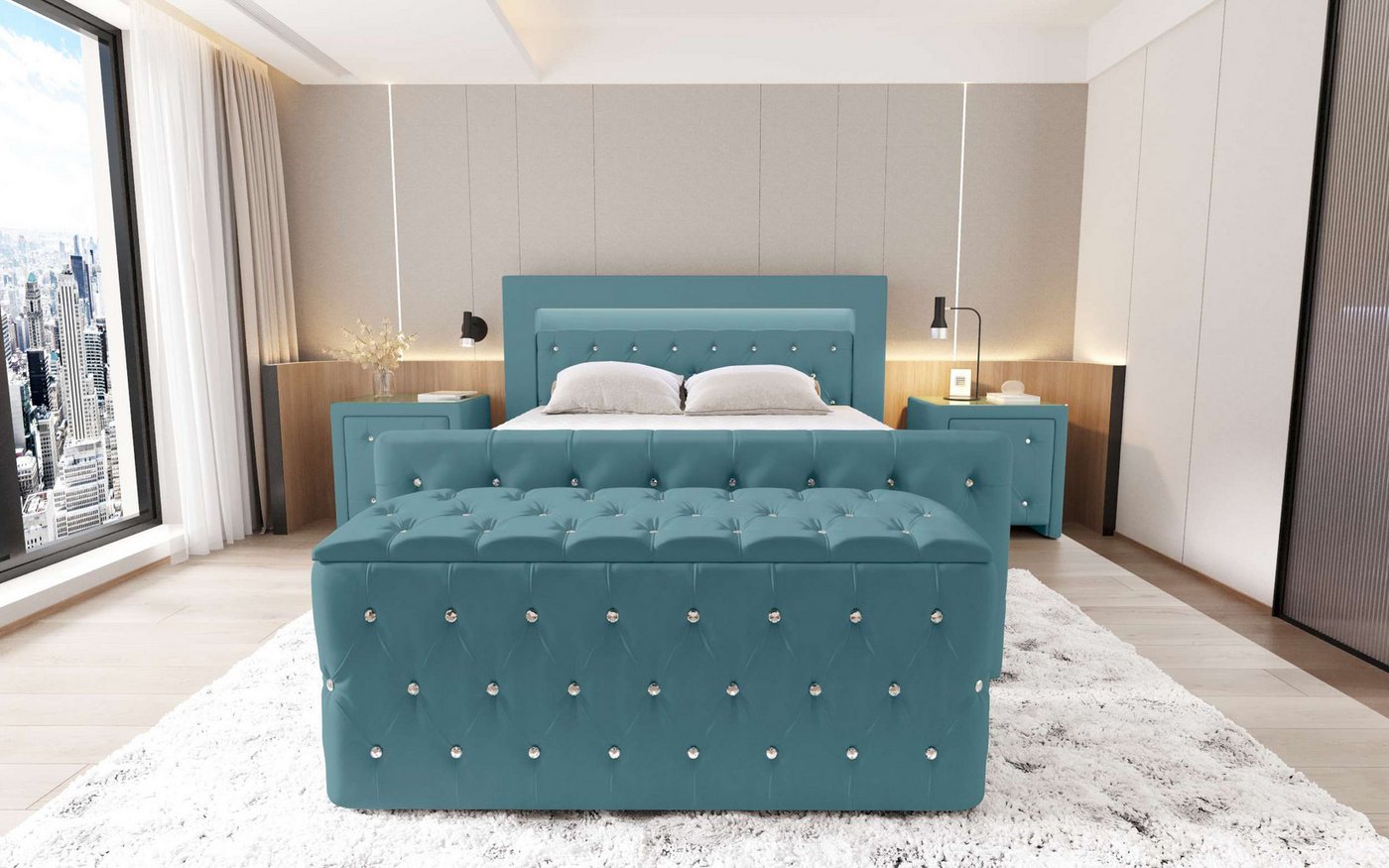 99rooms Schlafzimmer-Set Cezar, (Set (4-St), Komplett Schlafzimmer), bestehend aus Boxspringbett,Hocker,2 Nachttischen, mit LED-Beleuchtung von 99rooms