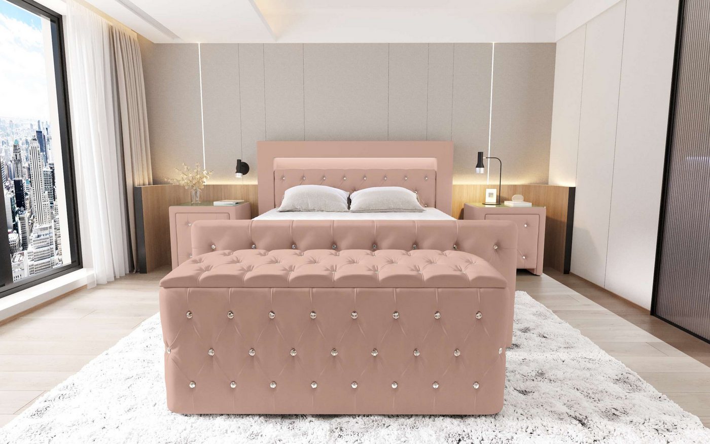 99rooms Schlafzimmer-Set Cezar, (Set (4-St), Komplett Schlafzimmer), bestehend aus Boxspringbett,Hocker,2 Nachttischen, mit LED-Beleuchtung von 99rooms