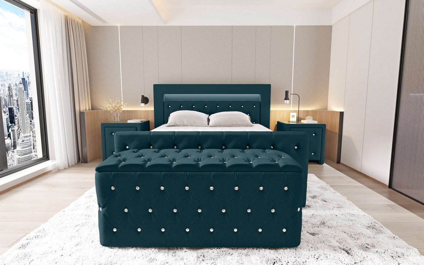 99rooms Schlafzimmer-Set Cezar, (Set (4-St), Komplett Schlafzimmer), bestehend aus Boxspringbett,Hocker,2 Nachttischen, mit LED-Beleuchtung von 99rooms