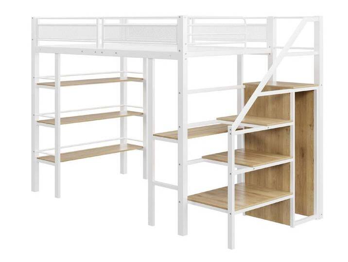 SeedWave Hochbett Metall-Hochbett mit Dreistöckiges Regal und Schreibtisch Eisenbett mit Kleiderschrank für Kinder und Jugendliche 90/140x200cm, Weiß von OTTO