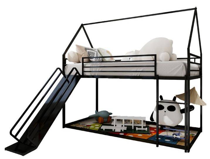 SeedWave Hochbett Modernes Kinderbett Metallbett, Eine Rutsche mit Handläufen, 90x190cm Hausbett inkl. 2-stufige Leiter, freier Raum unten, Schwarz von OTTO