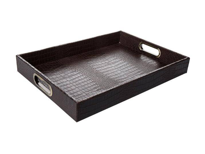 Signature Home Collection Tablett Tablett rechteckig Kunstleder Kroko Leder mit Griffen zum Servieren, Kunstleder, Messing, (1 Stück, 1-tlg., 1x Tablett rechteckig Kunstleder), mit stabilen Metallgriffen und hohem Rand zum Servieren, braun, Kunstleder von OTTO